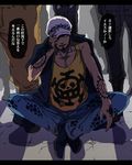  black_hair denim earrings hand_on_headwear hat hat_over_one_eye indian_style jacket jeans jewelry looking_at_viewer male_focus muscle nanigashi_(xla009) one_piece open_clothes open_jacket out_of_frame pants shirt shoes sitting sleeveless sleeveless_shirt solo_focus standing tattoo trafalgar_law translated 