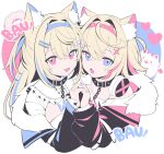  2girls absurdres animal_collar animal_ear_fluff animal_ears black_coat black_jacket blonde_hair blue_eyes blue_hair blue_hairband breasts chain chocola_vt cleavage_cutout clothing_cutout coat collar dog_ears dress fang fuwawa_abyssgard fuwawa_abyssgard_(1st_costume) hair_ornament hairband headphones headphones_around_neck highres holding_hands hololive hololive_english jacket jewelry large_breasts long_hair long_sleeves looking_at_viewer mococo_abyssgard mococo_abyssgard_(1st_costume) multicolored_hair multiple_girls off_shoulder pendant perroccino_(fuwamoco) pink_eyes pink_hair pink_hairband shirt short_hair siblings sisters spiked_hairband spikes streaked_hair twins two-tone_hair upper_body white_background white_dress white_shirt x_hair_ornament 