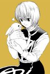  1boy androgynous animal commentary_request greyscale_with_colored_background hair_between_eyes heart highres holding holding_animal holding_rabbit hunter_x_hunter kurapika looking_at_animal male_focus monochrome rabbit short_hair sitting smile solo upper_body x-x-x yellow_background 