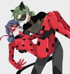  1boy 1girl adrien_agreste animal_ears black_bodysuit black_mask blue_eyes blush bodysuit carrying cat_boy cat_ears chat_walker closed_mouth green_eyes green_hair grey_background highres ladybug_(character) marinette_dupain-cheng mask miraculous_ladybug princess_carry red_bodysuit red_mask seio_(nao_miragggcc45) short_twintails simple_background slit_pupils smile superhero_costume twintails 