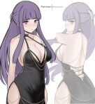  1girl absurdres artist_name ass breasts chascoby cleavage english_commentary fern_(sousou_no_frieren) halterneck highres hip_vent large_breasts long_hair meme_attire modakawa_dress multiple_views purple_eyes purple_hair sousou_no_frieren white_background 