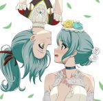  2girls absurdres aqua_hair ascot bang_dream! bare_shoulders blush choker collarbone dress english_commentary eye_contact feather_hair_ornament feathers flower fries_vanquisher gem green_eyes grin hair_bun hair_flower hair_ornament highres hikawa_hina hikawa_sayo leaf looking_at_another multiple_girls open_mouth pearl_(gemstone) ponytail rose shirt siblings single_hair_bun sisters smile surprised upside-down white_ascot white_background white_dress white_shirt 