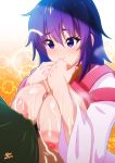  arc_the_lad blush breast_squeeze breasts breath cum cum_on_body cum_on_breasts cum_on_upper_body ejaculation facial huge_breasts japanese_clothes k.ty_(amejin) kimono kukuru_(arc_the_lad) large_breasts miko nipples paizuri pubic_hair purple_eyes purple_hair short_hair sweat 