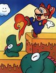  1boy 90s blue_eyes brown_hair dinosaur facial_hair fire hat lowres mario mario_(series) mustache nintendo official_art oldschool open_mouth overalls super_mario_bros. super_mario_world 