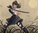  1girl bare_shoulders black_gloves breasts brown_background brown_hair cleavage closed_mouth commentary fighting_stance fingerless_gloves full_moon gloves grass green_eyes grey_skirt highres holding holding_sword holding_weapon jourd4n long_hair mole mole_under_eye moon original pleated_skirt ponytail simple_background skirt standing sword v-shaped_eyebrows vivian_(jourd4n) weapon 