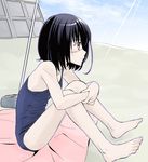  another bad_id bad_pixiv_id barefoot black_hair brown_eyes eyepatch mayo999 misaki_mei one-piece_swimsuit profile school_swimsuit short_hair sitting swimsuit 