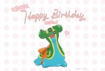  black_eyes bow bright_pupils commentary_request dotted_background gastrodon gastrodon_(east) happy_birthday heart looking_at_viewer no_humans open_mouth orange_bow pokemon pokemon_(creature) smile sonetales white_pupils 