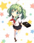  ahoge alternate_costume alternate_hairstyle bag frog_hair_ornament green_eyes green_hair hair_ornament kochiya_sanae loafers pleated_skirt school_bag school_briefcase school_uniform serafuku shoes skirt smile snake_hair_ornament solo star thighhighs touhou twintails white_legwear yamasan zettai_ryouiki 