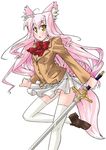 animal_ears bow character_request long_hair looking_at_viewer pink_hair school_uniform simple_background skirt solo standing standing_on_one_leg sword tail tama_hime thighhighs tsurugi_yasuyuki very_long_hair weapon white_legwear yellow_eyes 