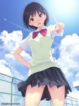  aircraft airplane banned_artist black_hair blush brown_eyes cloud condensation_trail d: day fence hair_ornament hairpin hand_on_hip ilog index_finger_raised iwatsuka_tomoyo mana_kakkowarai official_art open_mouth resized school_uniform skirt sky solo sweater_vest watermark web_address 