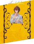  1boy ahoge alternate_costume bishounen book brown_hair collaboration dress_shirt english_text expressionless glasses granblue_fantasy hair_between_eyes hand_on_own_face highres holding looking_at_viewer minaba_hideo official_art open_book pen promotional_art red_eyes round_eyewear sandalphon_(granblue_fantasy) shirt striped_clothes upper_body vertical-striped_clothes white_shirt yellow_background 