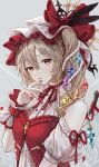  1girl absurdres blonde_hair closed_mouth expressionless flandre_scarlet floral_background gothic_lolita grey_background hair_ornament hat highres lolita_fashion looking_at_viewer mob_cap off_shoulder red_eyes red_nails shirt short_hair solo torinari_(dtvisu) touhou white_shirt 