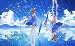  barefoot dress hat hishi_(k-xaby) multiple_girls original reflection rotational_symmetry umbrella water 