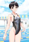  1girl absurdres black_hair blurry blurry_background borrowed_character breasts brown_eyes commentary_request competition_swimsuit covered_navel cowboy_shot grey_one-piece_swimsuit grin groin highleg highleg_swimsuit highres multicolored_clothes multicolored_swimsuit one-piece_swimsuit original pool short_hair small_breasts smile solo standing string_of_flags swimsuit takafumi variant_set 