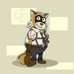 2024 anthro bottomwear brown_body clothing fictionist12 hi_res male mammal necktie pants procyonid raccoon rascal_(robot_dreams) robot_dreams shirt slightly_chubby smile solo suspenders topwear