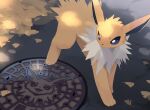  autumn autumn_leaves blue_eyes creature drain_(object) english_commentary full_body jolteon looking_to_the_side nagasaki_wonderful no_humans outdoors pokemon pokemon_(creature) solo standing 