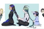  2boys 3girls ahoge black_hair black_jacket black_necktie black_pants black_vest blonde_hair blue_gloves braid braided_ponytail buttons closed_eyes closed_mouth collared_shirt dark-skinned_female dark_skin geeta_(pokemon) gloves green_hair green_jacket grey_pantyhose hassel_(pokemon) jacket kana_(kanna_runa0620) larry_(pokemon) long_hair multiple_boys multiple_girls necktie pants pantyhose parted_bangs pokemon pokemon_sv poppy_(pokemon) red_necktie rika_(pokemon) shirt sitting smile suspenders vest white_shirt 