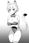  1girl animal_ears arms_under_breasts blush bow bowtie breasts bright_pupils closed_mouth collarbone cropped_legs crossed_arms detached_collar detached_sleeves double-parted_bangs gradient_background greyscale hair_between_eyes hibi_tsuna highleg highleg_leotard highres large_breasts leotard monochrome original short_eyebrows short_hair solo sweatdrop thighs twintails 