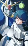  1boy blue_hair gundam haro kamille_bidan male_focus mecha mobile_suit normal_suit pilot_helmet pilot_suit retro_artstyle robot short_hair solo space spacesuit ususio_11 v-fin zero_gravity zeta_gundam zeta_gundam_(mobile_suit) 