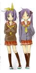  blue_eyes cardigan hamioura highres hiiragi_kagami hiiragi_tsukasa lucky_star multiple_girls one_eye_closed purple_hair ryouou_school_uniform school_uniform serafuku short_hair siblings sisters twins twintails yellow_neckwear 