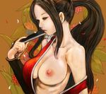  bare_shoulders breast_slip breasts brown_hair closed_fan fan fatal_fury folding_fan kazaana large_breasts lips long_hair nipples off_shoulder one_breast_out ponytail shiranui_mai solo the_king_of_fighters undressing 