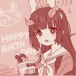  1girl animal_ear_hairband animal_ears blue_archive blush_stickers cup_ramen eating fake_animal_ears food food_on_face fork gloves hairband halo happy_birthday holding holding_fork leaf leaf_on_head long_hair looking_at_viewer lowres maibotsumou miyu_(blue_archive) monochrome neckerchief noodles open_mouth rabbit_ear_hairband rabbit_ears rabbit_symbol red_theme school_uniform serafuku solo tareme twig upper_body 