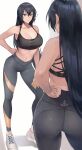  1girl alternate_costume ass black_hair black_leggings black_sports_bra breasts cleavage commentary_request full-length_mirror hair_between_eyes hand_on_own_hip hand_on_own_thigh highres kantai_collection kasumi_(skchkko) large_breasts leaning_forward leggings long_hair nagato_(kancolle) navel pants red_eyes reflection solo sports_bra yoga_pants 