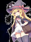  1girl 1other bag blonde_hair blush brooch cloak dress gloves hairband hat highres jewelry kansoku little_witch_nobeta long_hair looking_at_viewer monster nobeta open_mouth panties pantyshot pink_eyes shoulder_bag thighhighs underwear white_gloves white_panties witch_hat 