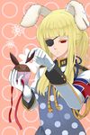  animal_ears apron armband blonde_hair bunny_ears chiester00 cupcake eyepatch food fysr gloves long_hair red_eyes solo umineko_no_naku_koro_ni 
