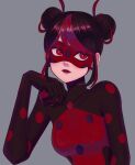  1girl bodysuit bug closed_mouth double_bun earrings gongonsrr grey_background hair_bun highres jewelry ladybug marinette_dupain-cheng mask miraculous_ladybug red_bodysuit red_eyes red_mask shadybug superhero_costume upper_body 