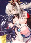 2girls bare_shoulders black_hair blue_eyes blue_ribbon breasts cleavage dark_persona dress fate/grand_order fate/requiem fate_(series) highres jewelry large_breasts long_hair long_sleeves magatama magatama_hair_ornament marie_antoinette_(alter)_(fate) marie_antoinette_(fate) medium_hair multicolored_hair multiple_girls necklace pale_skin pelvic_curtain puffy_long_sleeves puffy_sleeves revision ribbon short_dress side_ponytail sideboob sideless_outfit streaked_hair tsuzuki_yoshio two-sided_fabric two-sided_skirt utsumi_erice white_dress white_hair yellow_eyes 