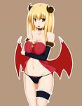  1girl artist_request black_panties blonde_hair bow bow_panties breasts brown_background character_request choker cleavage demon_girl detached_sleeves erect_nipples highres horns ice-wall long_hair navel open_mouth panties ragnarok_online red_eyes simple_background smile solo source_request succubus succubus_(ragnarok_online) underwear wings 