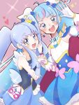  2girls blouse blue_dress blue_eyes blue_hair blue_shirt blue_skirt bow brooch cape commentary crown cure_princess cure_sky cut_bangs detached_sleeves dress dress_bow earclip earrings fingerless_gloves frilled_shirt frills gloves happinesscharge_precure! heart highres hirogaru_sky!_precure holding_hands in-franchise_crossover interlocked_fingers jewelry long_hair looking_at_viewer magical_girl mini_crown miniskirt multicolored_hair multiple_girls open_mouth pink_hair pouch precure puffy_detached_sleeves puffy_sleeves red_cape shigen_pr shirayuki_hime shirt side-by-side single_earring single_sidelock skirt sleeveless sleeveless_dress sleeveless_shirt smile sora_harewataru standing streaked_hair tilted_headwear twintails two-tone_dress two-tone_hair very_long_hair waving white_dress white_gloves wing_brooch wing_hair_ornament 