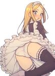  1girl apron black_thighhighs blonde_hair blue_eyes blush commentary embarrassed everyntrge frilled_apron frills from_behind long_hair looking_at_viewer looking_back maid maid_apron maid_headdress open_mouth original paid_reward_available panties pantyshot sidelocks simple_background solo thighhighs underwear white_background white_panties 