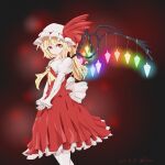  1girl adapted_costume back_bow blonde_hair bow closed_mouth collared_shirt commentary_request feet_out_of_frame flandre_scarlet frilled_sleeves frills from_side glowing glowing_wings gochisou_za_raitoningu hair_between_eyes hat hat_ribbon highres juliet_sleeves light_smile long_hair long_sleeves looking_at_viewer medium_skirt mob_cap multicolored_wings own_hands_together puffy_sleeves red_background red_eyes red_ribbon red_skirt red_vest ribbon ribbon-trimmed_headwear ribbon_trim shirt simple_background skirt solo touhou vest white_bow white_hat white_shirt wings 