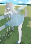  1girl animal_ear_fluff animal_ears aqua_dress blurry blurry_background blush breasts commentary_request dog_ears dog_girl dog_tail dress floating_clothes flower full_body furry furry_female grass grey_hair hair_over_one_eye highres large_breasts leaning_forward leaning_on_object long_hair looking_at_viewer looking_to_the_side original outdoors see-through_silhouette slippers solo tail tail_under_clothes very_long_hair yongen_yu 