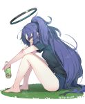  1girl bare_arms bare_legs barefoot black_shirt blue_archive blue_eyes blush bottle breasts buruma covered_mouth cowlick facial_mark fingernails hair_spread_out halo hibi_tsuna highres holding holding_bottle knees_up long_hair looking_at_viewer official_alternate_costume on_grass ponytail purple_hair shirt short_sleeves sitting solo star_(symbol) thighhighs twitter_username very_long_hair white_background yuuka_(blue_archive) yuuka_(track)_(blue_archive) 