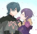  1boy 1girl armor bernadetta_von_varley black_armor blue_hair blush bob_cut byleth_(fire_emblem) byleth_(male)_(fire_emblem) closed_eyes closed_mouth commentary_request fire_emblem fire_emblem:_three_houses flower gloves highres holding holding_flower long_sleeves looking_at_another open_mouth partial_commentary pink_flower profile purple_eyes purple_hair sakura_no_yoru simple_background smile white_background yellow_gloves 