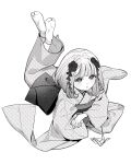  1girl expressionless feet_up flower full_body greyscale hair_flower hair_ornament highres japanese_clothes kimono looking_at_viewer lying monochrome nanoka_san obi on_stomach origami original paper_crane sash short_hair simple_background solo tabi 