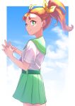  1girl aozora_middle_school_uniform blue_sky bright_pupils closed_mouth cloud cloudy_sky cowboy_shot day from_side green_eyes green_sailor_collar green_skirt hair_ribbon highres ishidai_(ishidai4682) jewelry looking_at_viewer medium_hair natsuumi_manatsu neckerchief orange_hair outdoors pink_neckerchief pleated_skirt precure ribbon ring sailor_collar school_uniform serafuku short_sleeves side_ponytail skirt sky smile solo standing steepled_fingers tropical-rouge!_precure white_pupils yellow_ribbon 