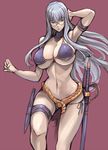  arm_up belt bespectacled bikini breasts covered_nipples curvy detached_collar glasses huge_breasts knife long_hair midriff narrow_waist navel red_eyes selvaria_bles semi-rimless_eyewear senjou_no_valkyria senjou_no_valkyria_1 sheath sheathed silver_hair simple_background solo swimsuit sword thigh_strap tsuda_nanafushi underboob weapon 