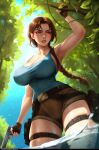  1girl arm_up armpits backlighting black_gloves blue_sky blue_tank_top breasts brown_eyes brown_hair brown_lips brown_shorts cleavage commentary english_commentary fingerless_gloves forest from_below gloves gun handgun highres holding holding_gun holding_weapon holster lara_croft large_breasts long_hair luminyu nature no_eyewear shorts sky sleeveless solo tank_top taut_clothes thick_eyebrows thigh_holster tomb_raider trigger_discipline weapon 
