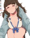  1girl alternate_breast_size blue_bow blue_bowtie blue_jacket blunt_bangs bow bowtie breasts brown_eyes brown_hair choker cleavage collarbone color_guide idolmaster idolmaster_cinderella_girls jacket kamiya_nao large_breasts long_hair red_eyes shirt skirt solo striped_clothes striped_skirt thick_eyebrows thighs toriga_naku white_background white_shirt 