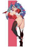  1girl blue_hair breasts drill_hair full_body high_heels highres huge_breasts jankojaro original red_eyes simple_background smile solo thighhighs tight_clothes twin_drills 