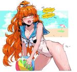  1girl ball beach beachball blue_bow blue_bowtie blue_sailor_collar body_blush body_freckles bow bowtie breasts cleavage freckles high_ponytail highres holding holding_ball ishmael_(project_moon) korean_text limbus_company long_hair looking_at_viewer medium_breasts nyak_138 one-piece_swimsuit open_mouth outdoors project_moon sailor_collar solo sun swimsuit very_long_hair white_bow white_one-piece_swimsuit 