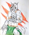 2017 abs anthro arm_pads armor barazoku biceps big_claws black_nose bottomwear bulge canid canine canis chest_armor claws clothing cuirass dashthefox fur green_bottomwear green_clothing handwear hi_res looking_at_viewer male mammal manly medieval medieval_armor medieval_clothing medieval_fantasy metal_claws muscular muscular_anthro muscular_arms muscular_male obliques pecs sega sega_genesis shining_(sega) shining_force simple_background tail teeth traditional_media_(artwork) white_body white_fur wolf wolf_tail yellow_eyes zylo_(shining)
