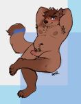 2023 anthro armpit_hair artist_name biceps biped blue_eyes blush bodily_fluids body_hair brown_hair brown_nose canid canine claws crossed_legs digital_drawing_(artwork) digital_media_(artwork) digitigrade dripping ear_piercing erection fur genital_fluids genitals hair hands_behind_head hi_res looking_at_viewer male mammal navel nipples nude one_eye_closed penis piercing precum precum_drip signature simple_background sitting slightly_chubby slightly_chubby_anthro slightly_chubby_male smile solo spyz_(artist) spyz_(character) sweat tail tan_body tan_fur tan_tail triceps wink