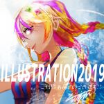  1girl 2019 black_bra blonde_hair bra illustration.media osushimanchan profile purple_eyes purple_hair quad_braids signature smile solo striped_tank_top tank_top underwear 