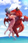 atmos_(anothereidos_r) blue_hair butt_wing chest_gem cloud dancing dragon duo eyes_closed feet flying gaia_(anothereidos_r) gem hair hand_holding hi_res human hybrid long_hair male mammal muscular muscular_male mythological_creature mythological_scalie mythology nude ponytail red_body red_scales ricewine_umai scales scalie sea sky water