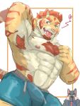 abs absurd_res another_eidos_of_dragon_vein_r anthro armpit_hair barlitz blush body_hair bottomwear bulge canid canine chest_hair clothing corca_(anothereidos_r) duo felid fur hair heart_symbol hi_res kannepaz male mammal muscular muscular_male nipples orange_body orange_fur orange_hair pantherine pecs raised_arm shorts tiger